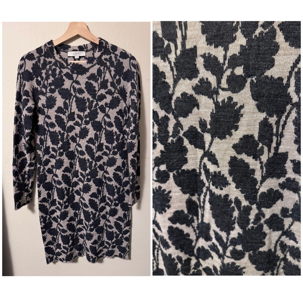 Loft long sleeve knit dress foilage print Size Small